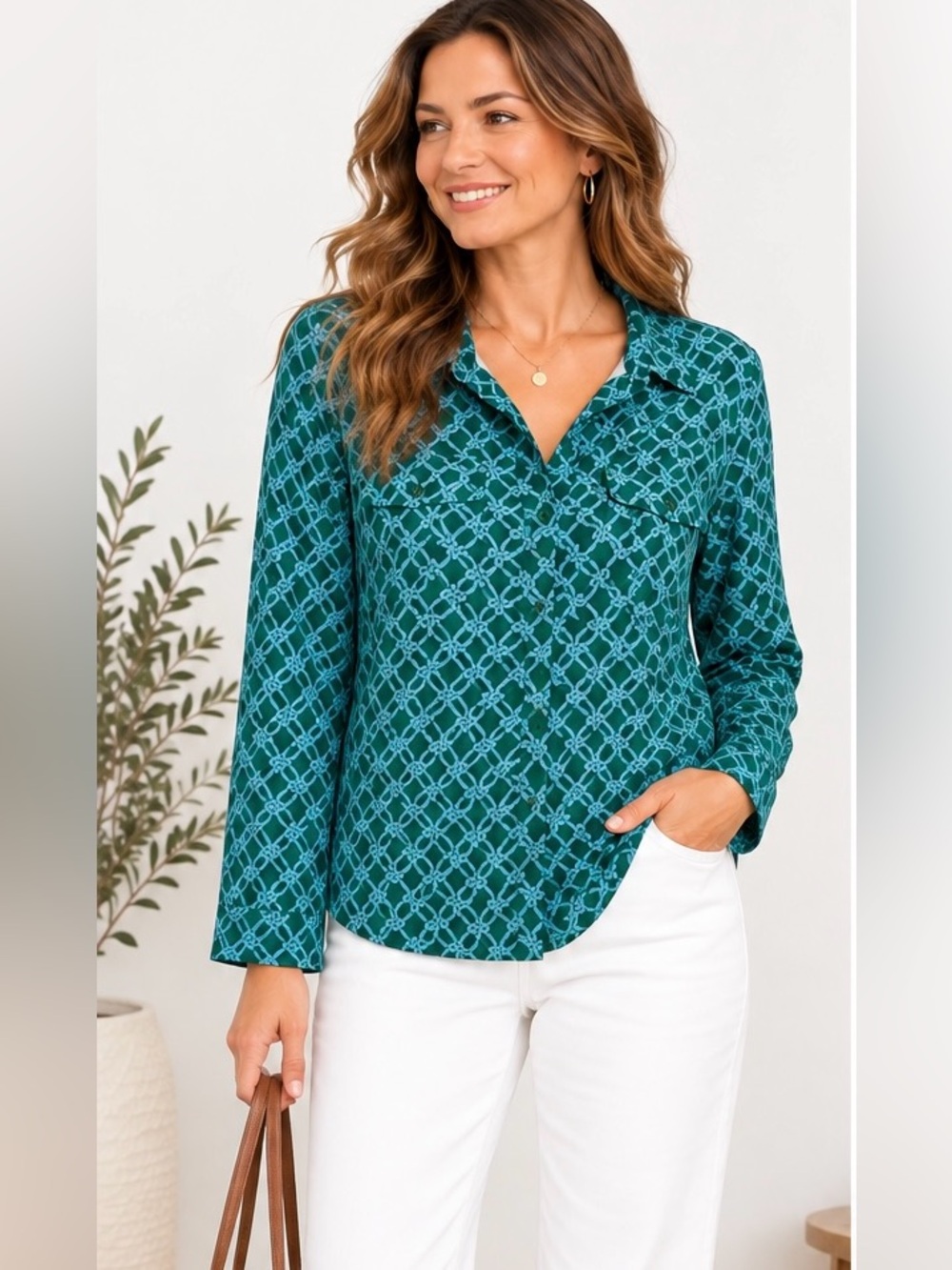 Talbots Button Front Shirt Geo Print Women 3X Cotton Coastal Nautical Equestrian
